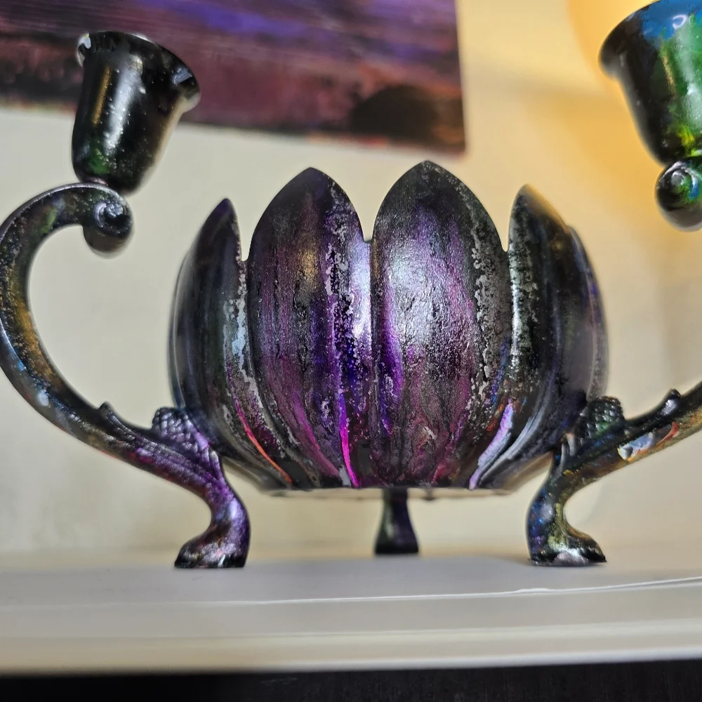 HANDCRAFTED Upcycled 3 Candlestick Holder HANDPAINTED Tabletop Candle Decor